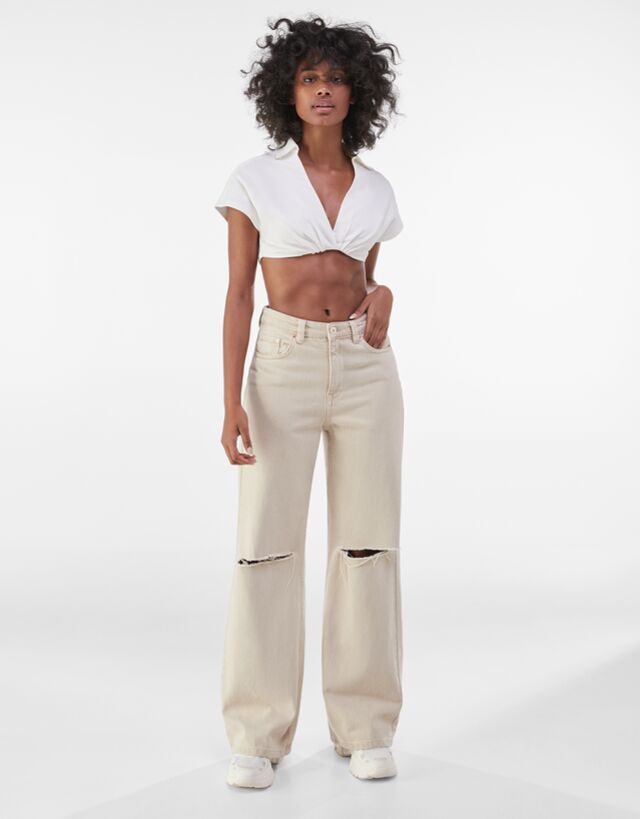 Wide leg twill trousers with rips 
