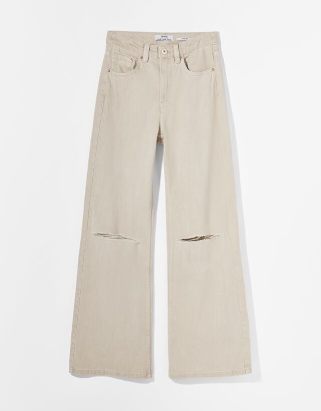 Wide leg twill trousers with rips 