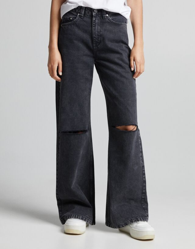 Wide leg twill trousers with rips 