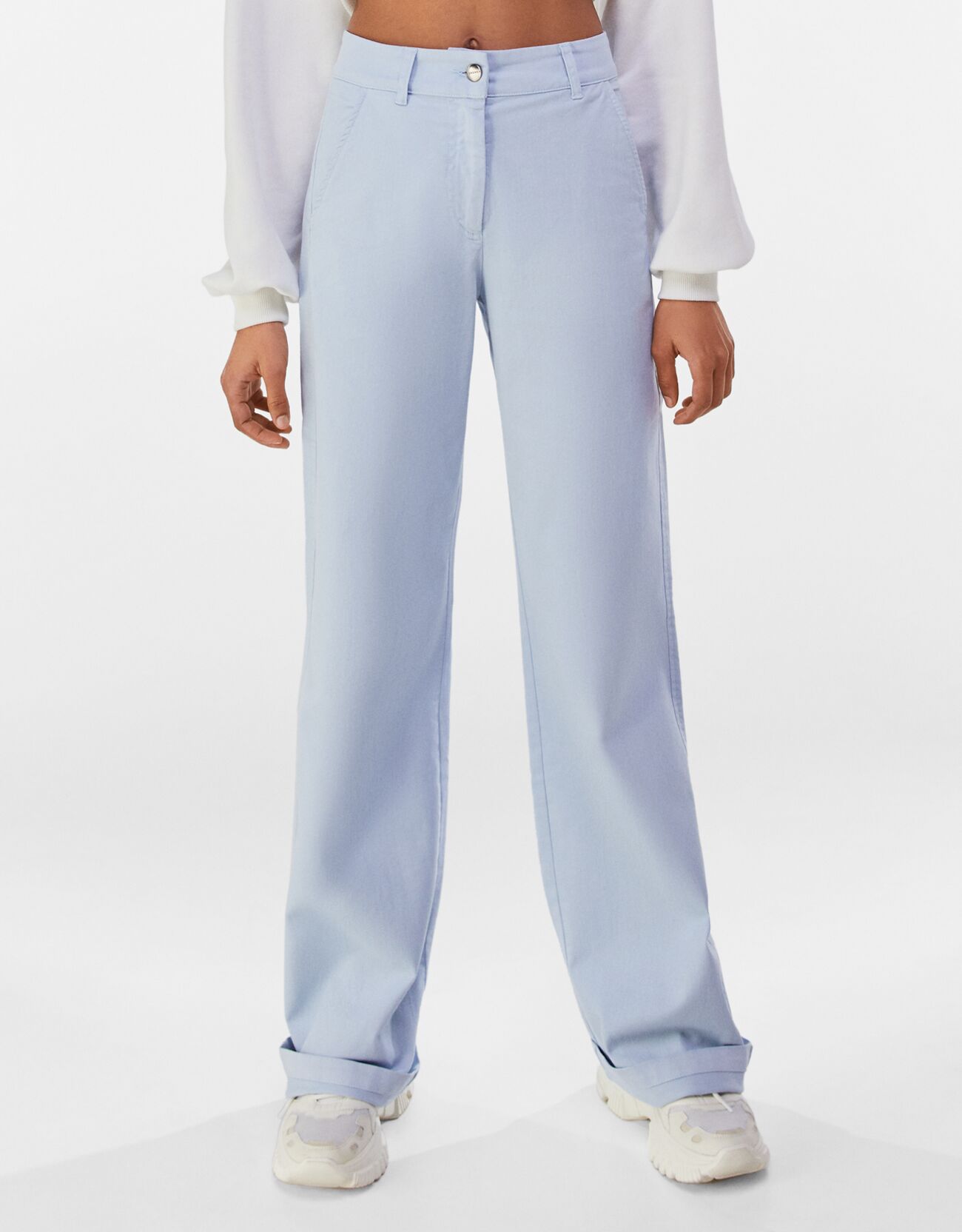 Голубой Широкие брюки из хлопка с карманом Bershka