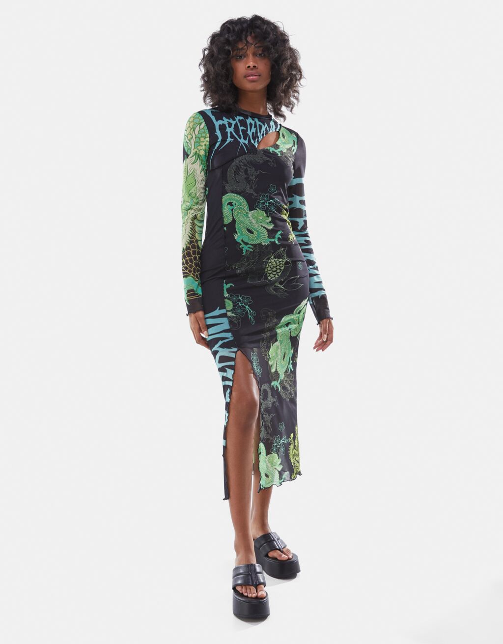 ドラゴンプリント メッシュ ワンピース ワンピース ジャンプスーツ レディース Bershka