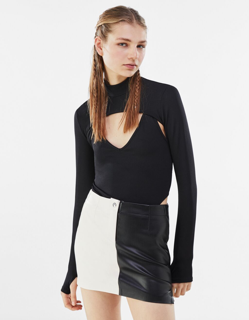 Contrast faux leather two-tone skirt-Black-0