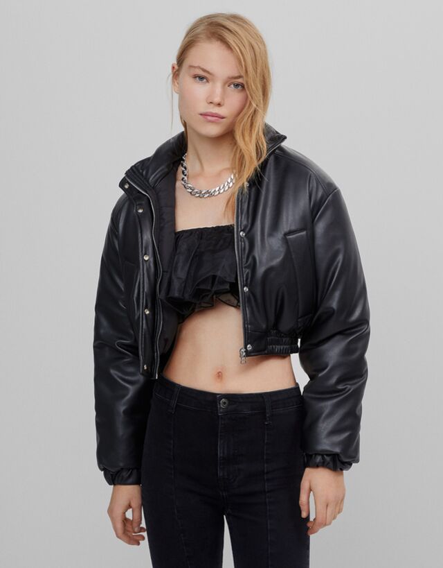 Leather puffer jacket cropped Clearance