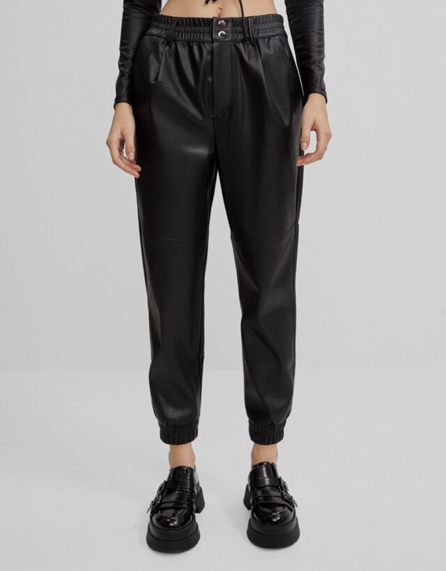 bershka faux leather joggers