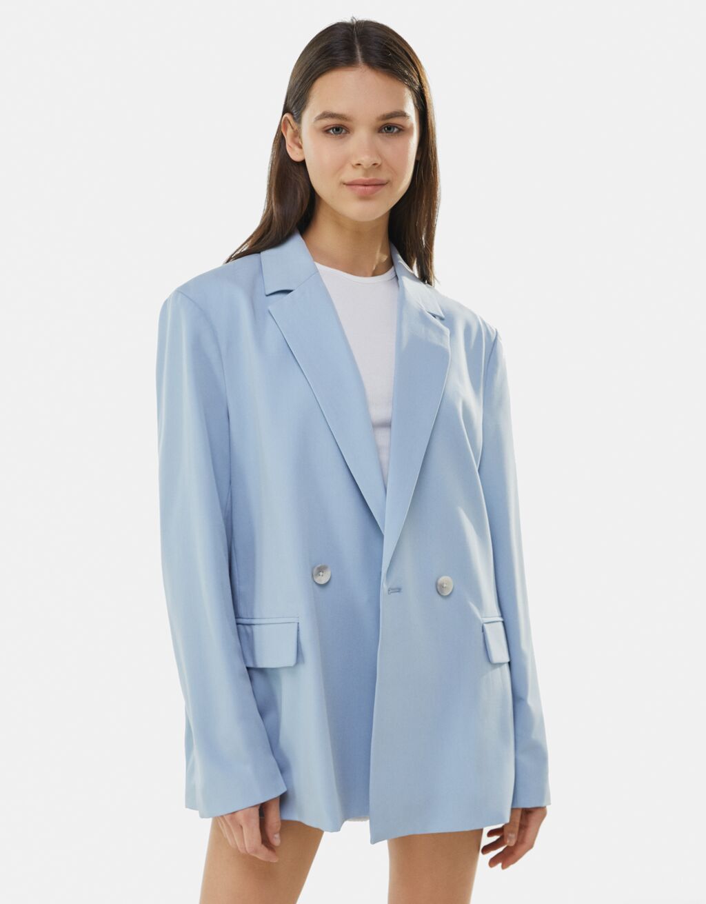 Flowing buttoned blazer-Light blue- bershka