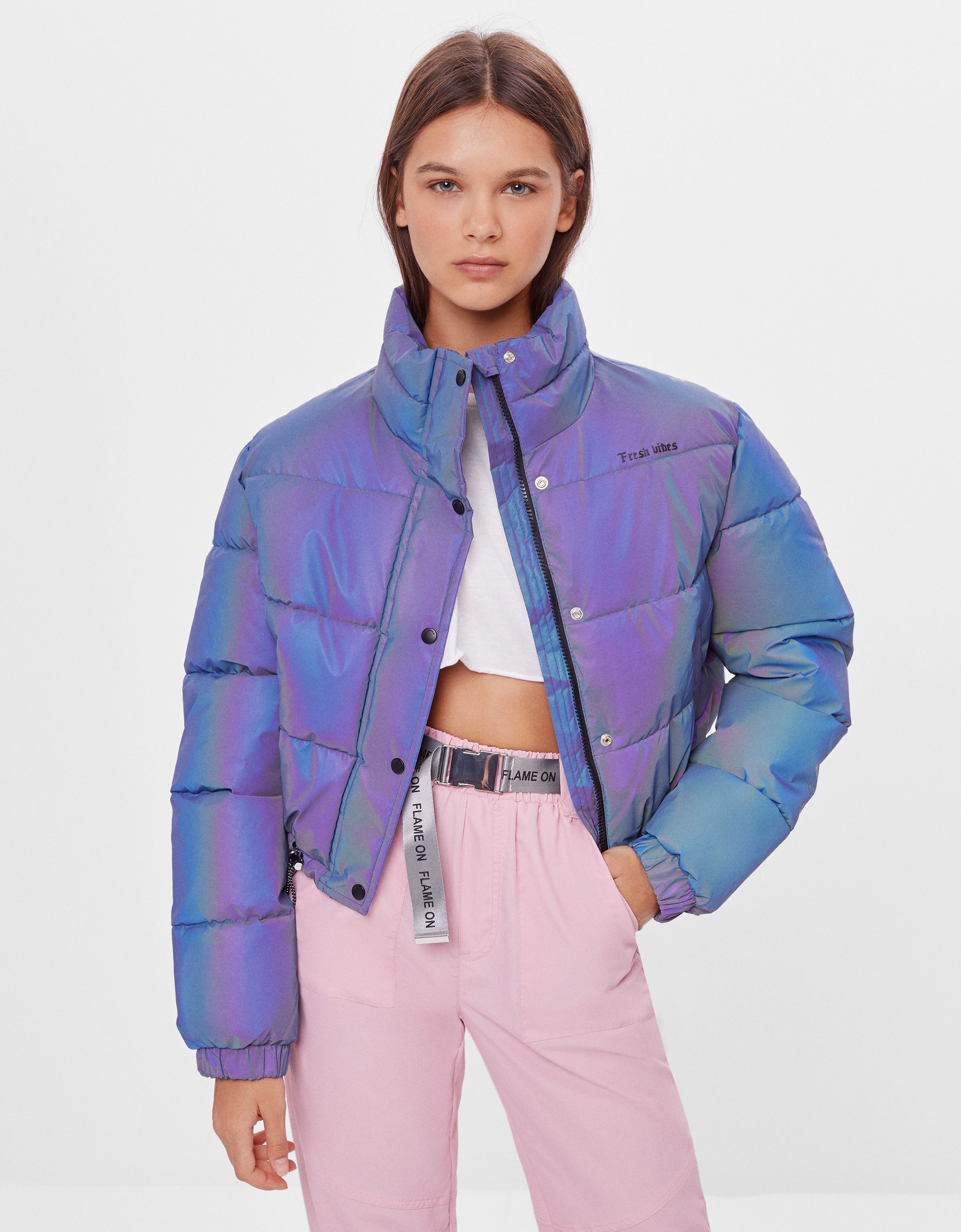 Bershka cropped puffer jacket in blue