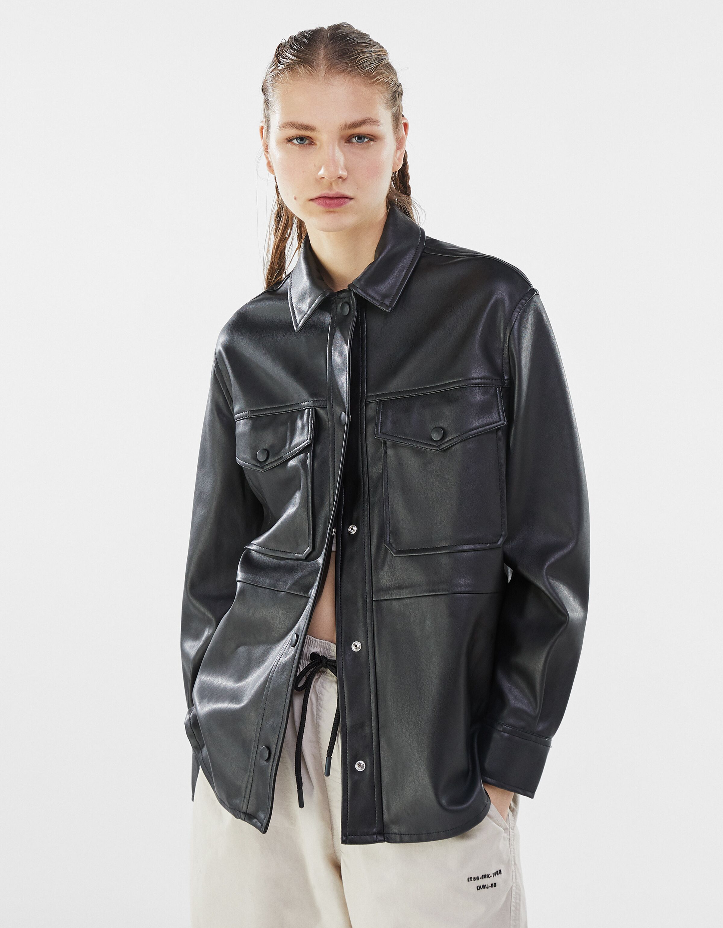 bershka faux leather shirt