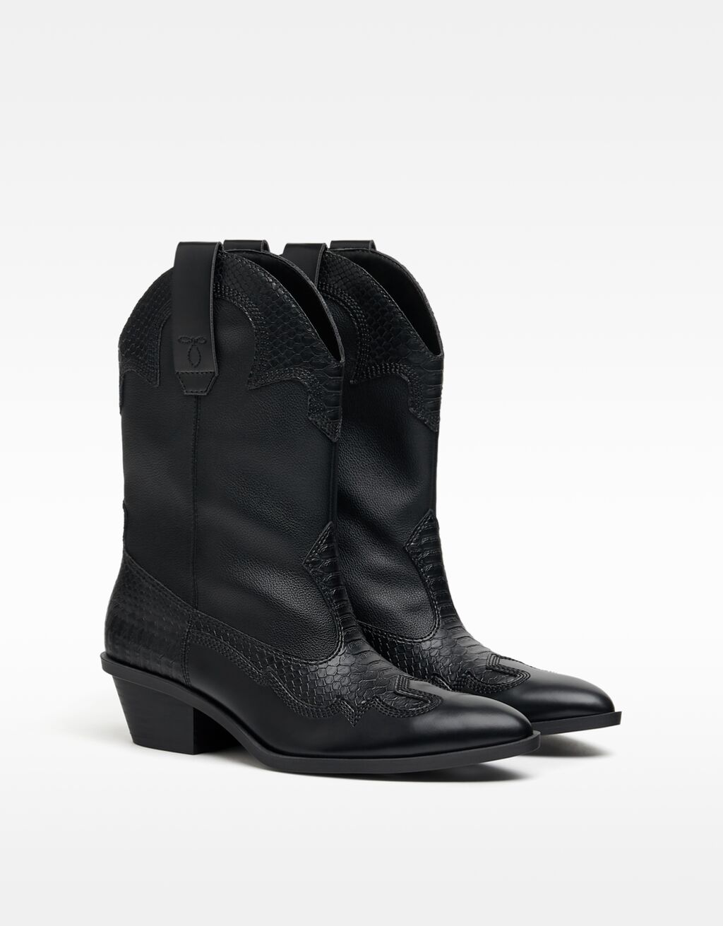bershka square toe flat western boot in black