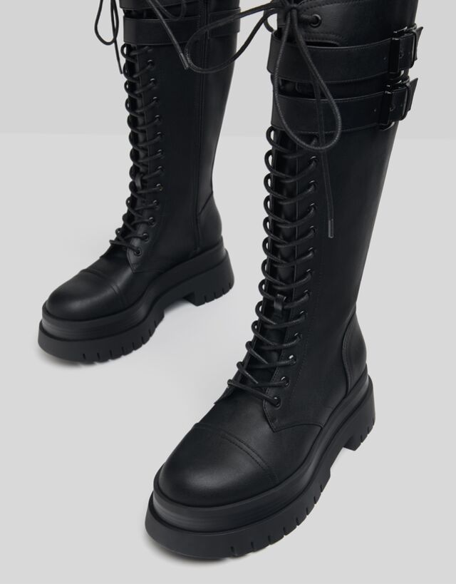 Lace Up Platform Boots With Buckles Woman Bershka