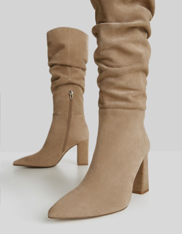 Bershka knee high suede boots in taupe Clearance