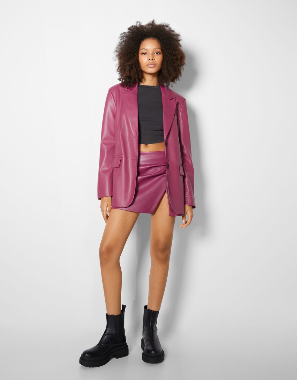Blazer and faux leather skirt set