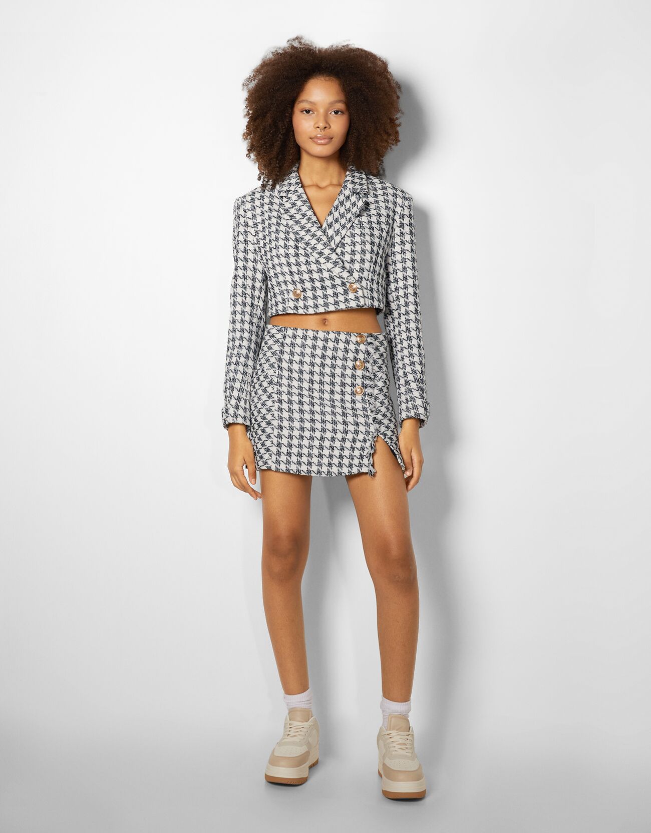 Houndstooth textured blazer and skirt 