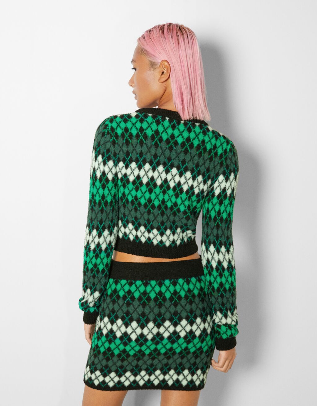 Diamond knit cardigan and skirt set Woman Bershka