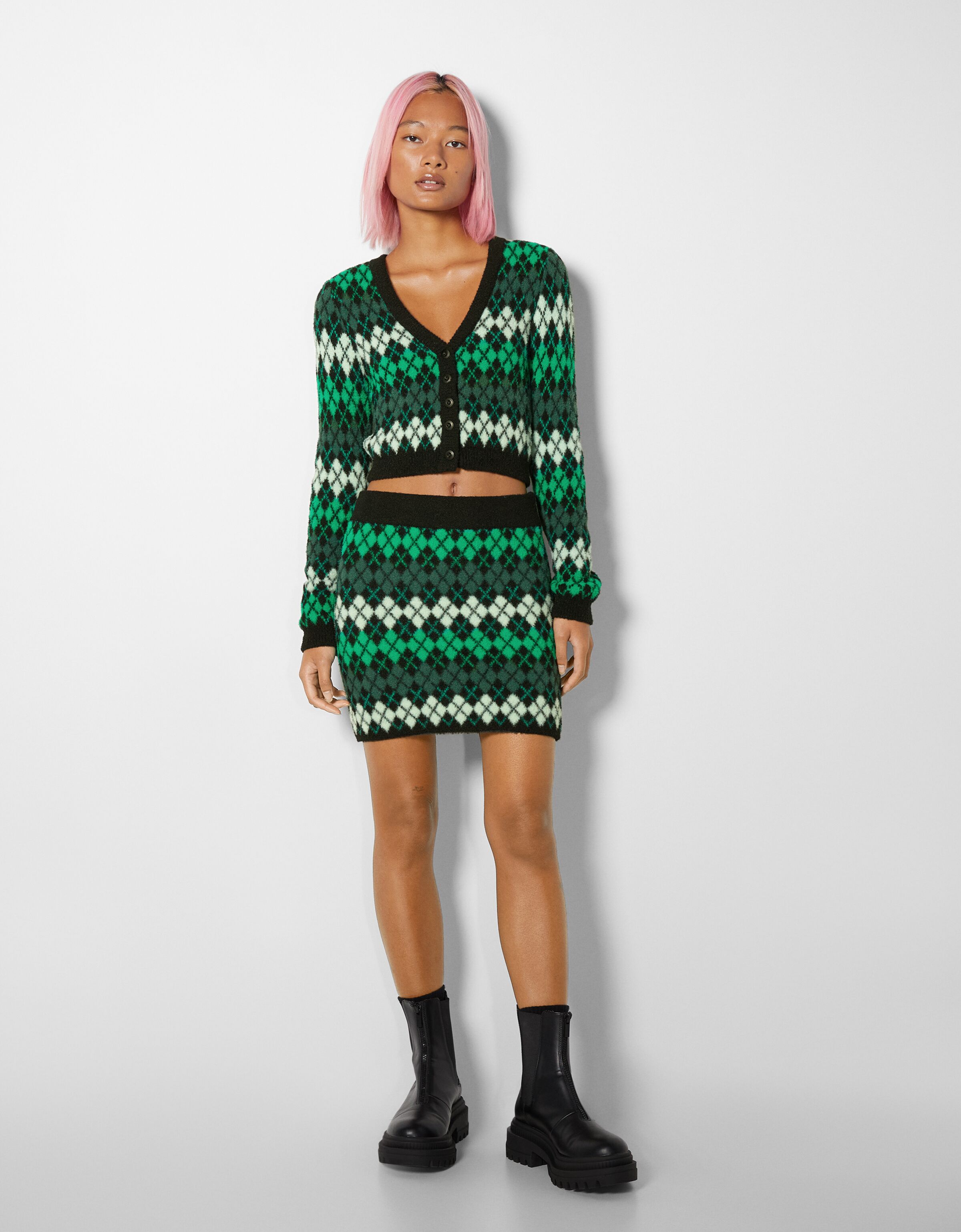Diamond knit cardigan and skirt set 