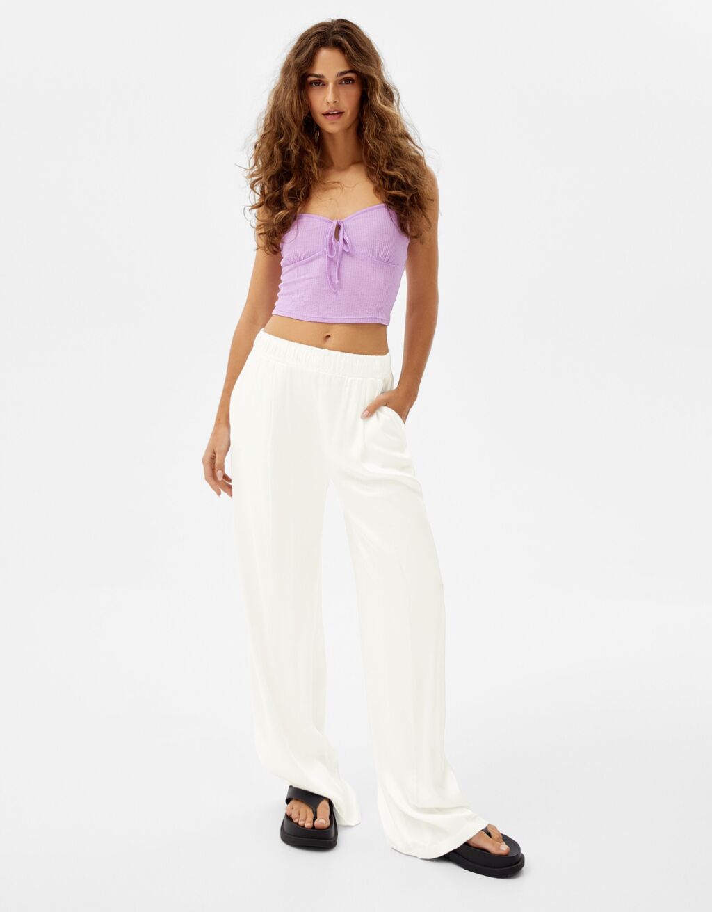 Wide-leg satin trousers with elastic waistband