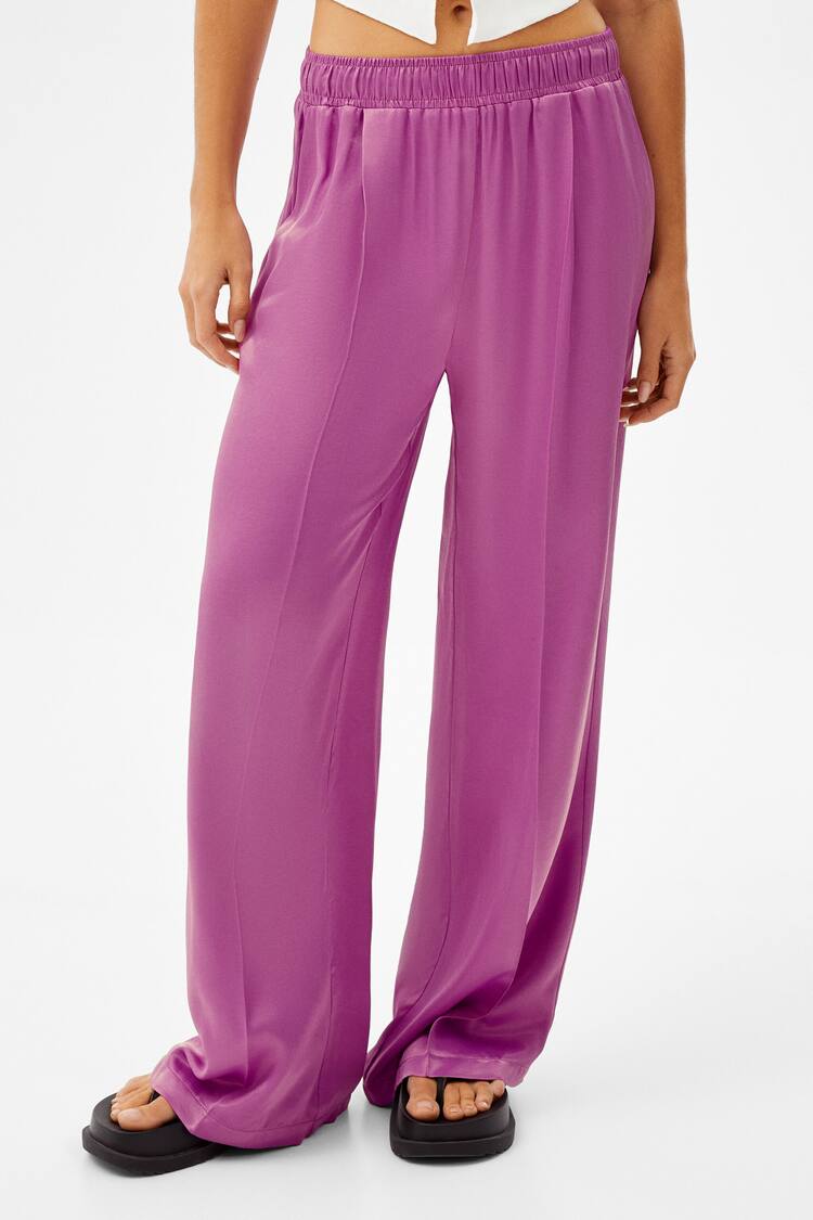 Wide-leg satin trousers with elastic waistband