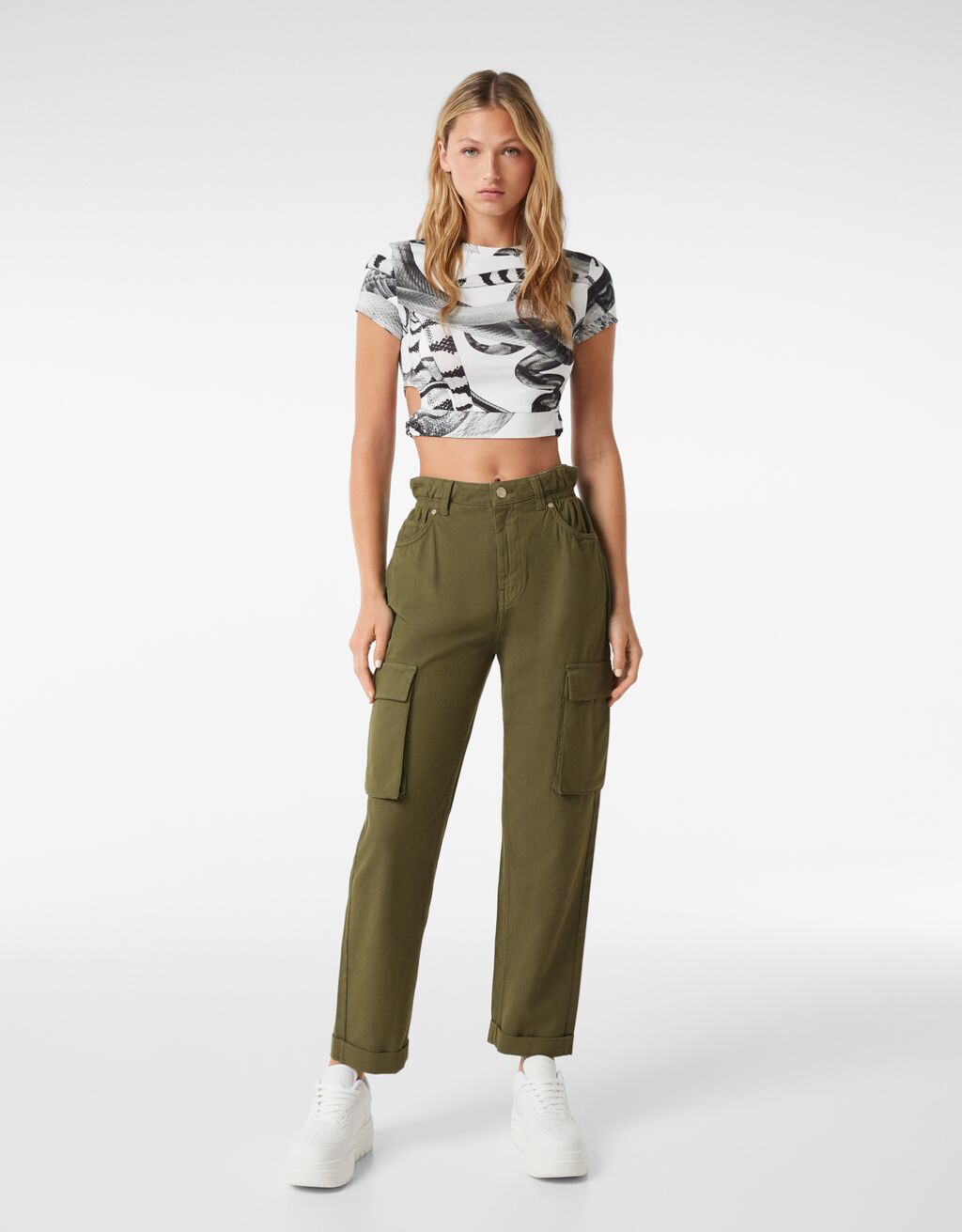Twill cargo pants with gathered waist