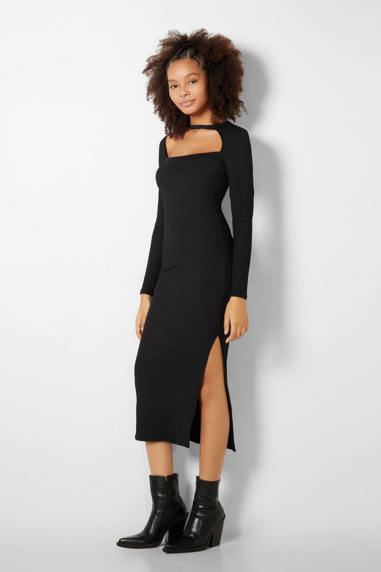 Midi dress with long sleeves and asymmetric neckline