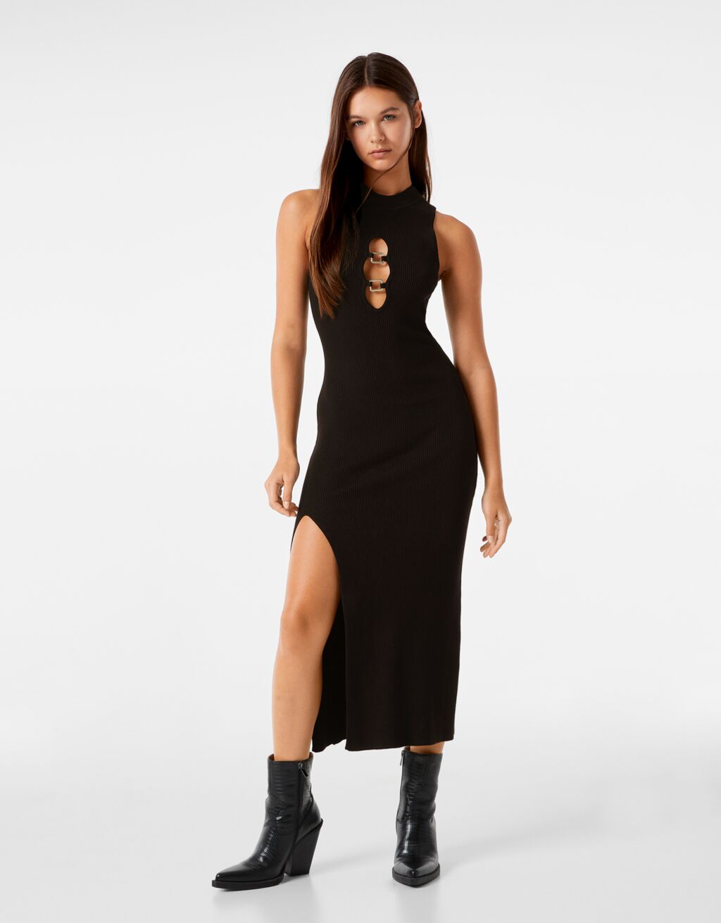 Sleeveless midi dress with cut-out neckline