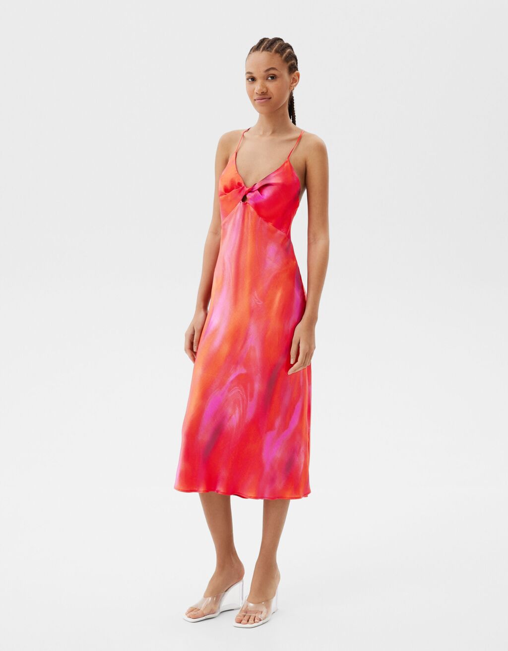 Long satin dress with front cut-out detail