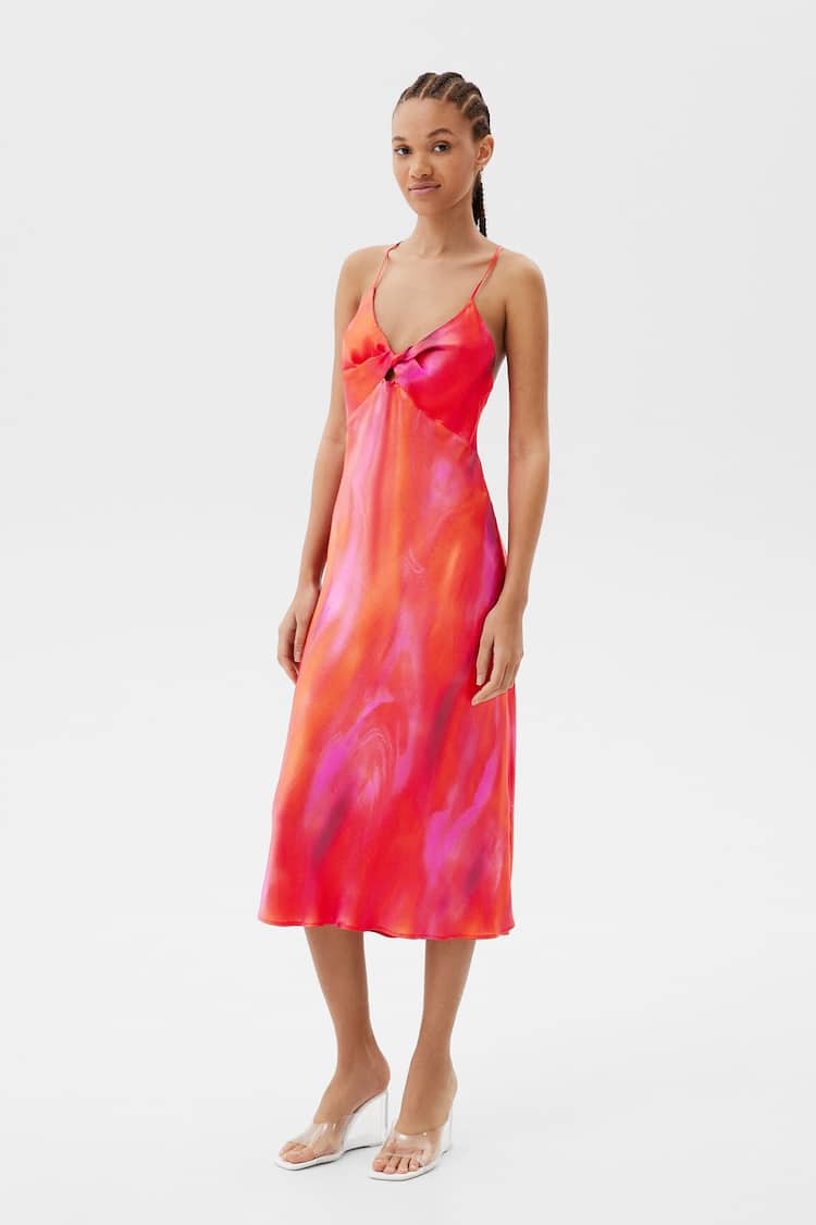 Long satin dress with front cut-out detail