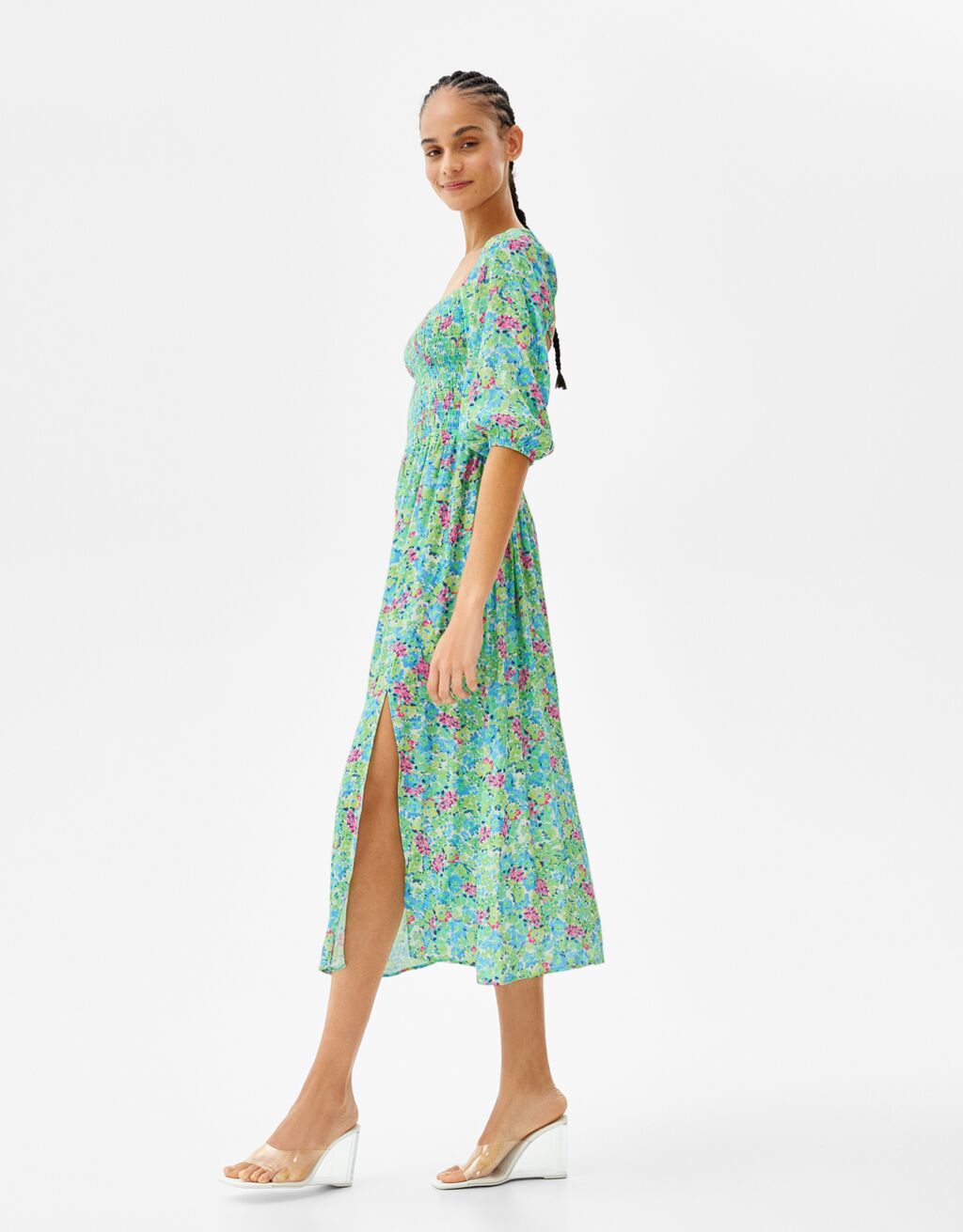 Long floral print dress with long sleeves and tied back
