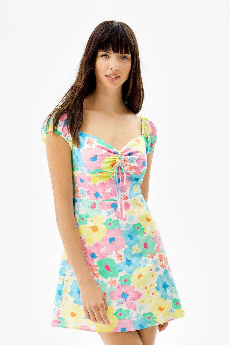 Floral print linen blend mini dress