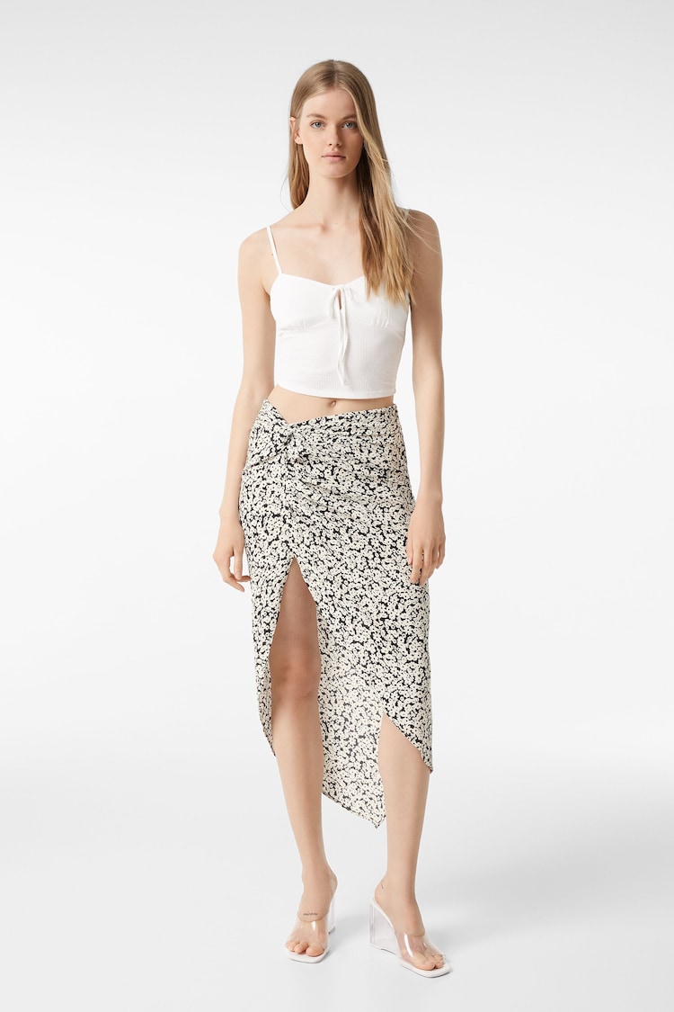 Midi-nederdel med blomsterprint