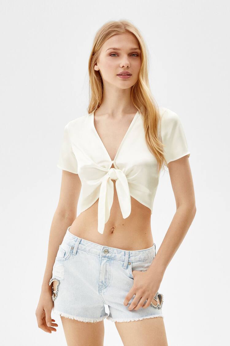 Short sleeve satin blouse with front knot
