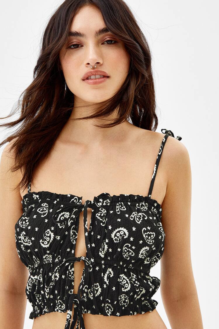 Printed top with tied straps