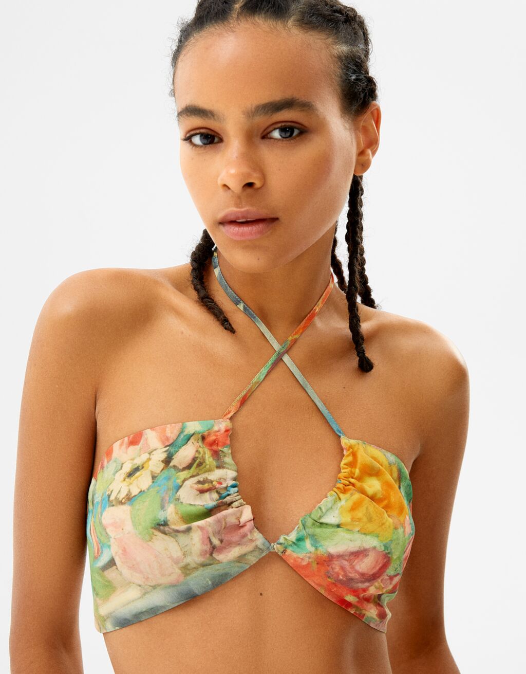 Art Series strappy satin finish top with floral print