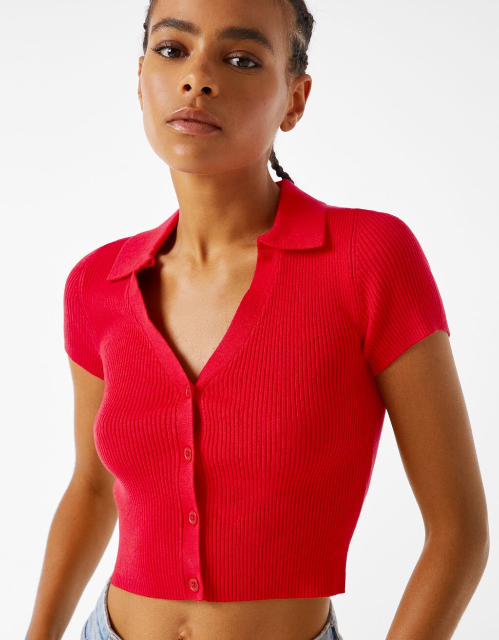 Short sleeve polo collar cardigan Woman Bershka