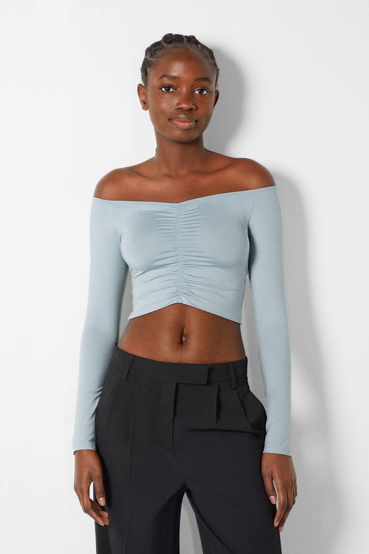 Long sleeve cropped T-shirt with a gathered Bardot neckline