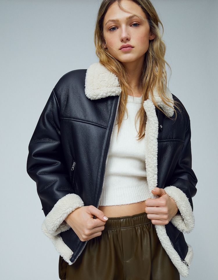 Long faux leather double-faced jacket