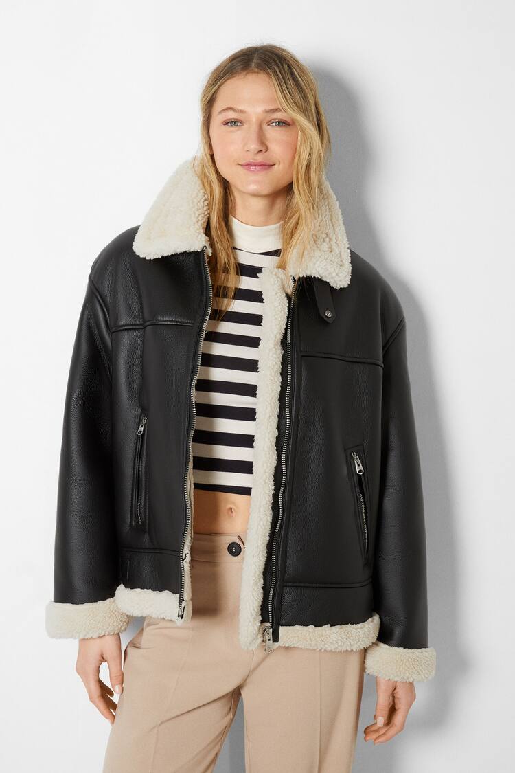 Long faux leather double-faced jacket