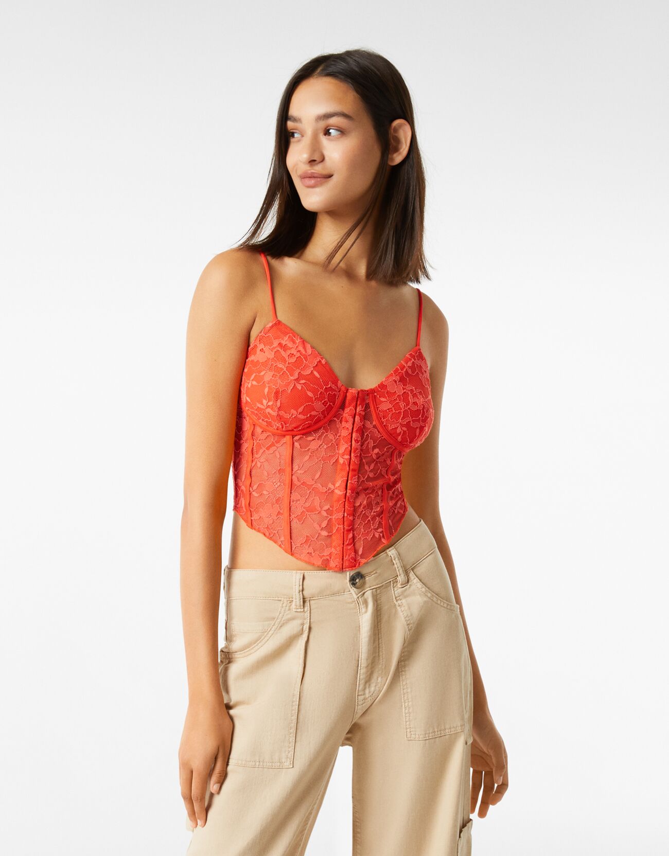 innovation Really Cumulative Blonde lace strappy corset top - Tops and Bodies - Woman | Bershka