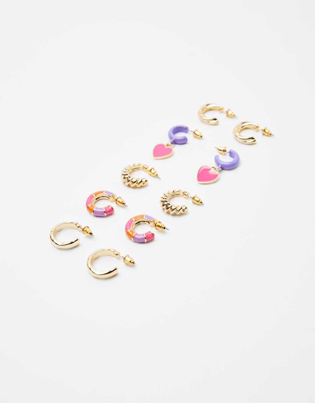 Set of 5 pairs of metal enamelled hoop earrings with charms