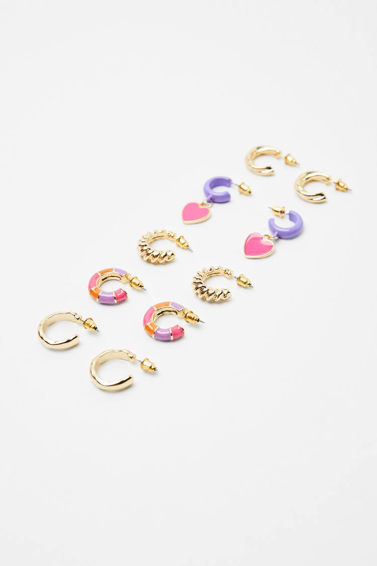Set of 5 pairs of metal enamelled hoop earrings with charms