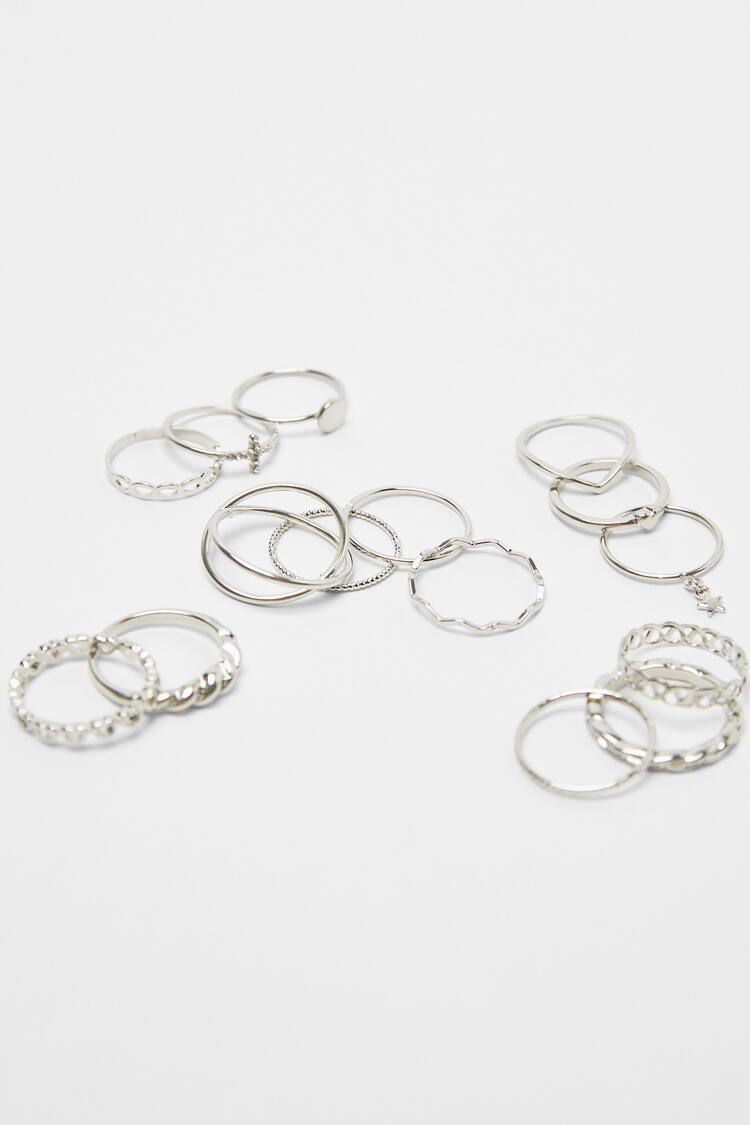 Set of 15 stackable silver-effect rings