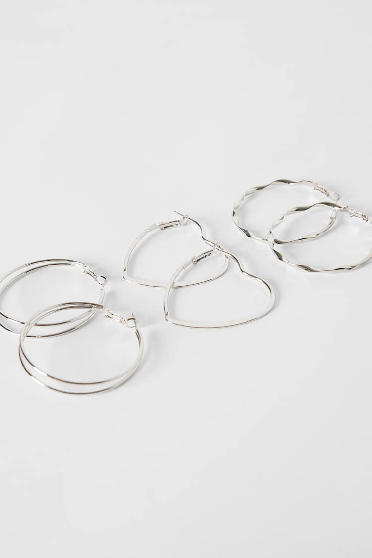 Set of 3 pairs of hoop earrings: thin hoops, textured and double heart