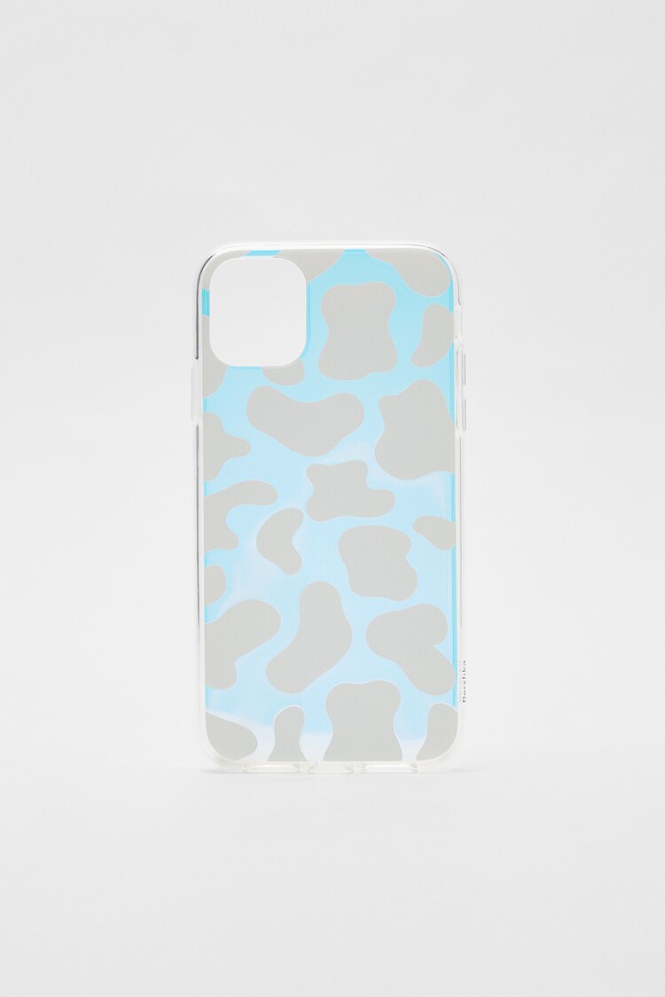 Mobile phone case with iridescent effect and cow print
