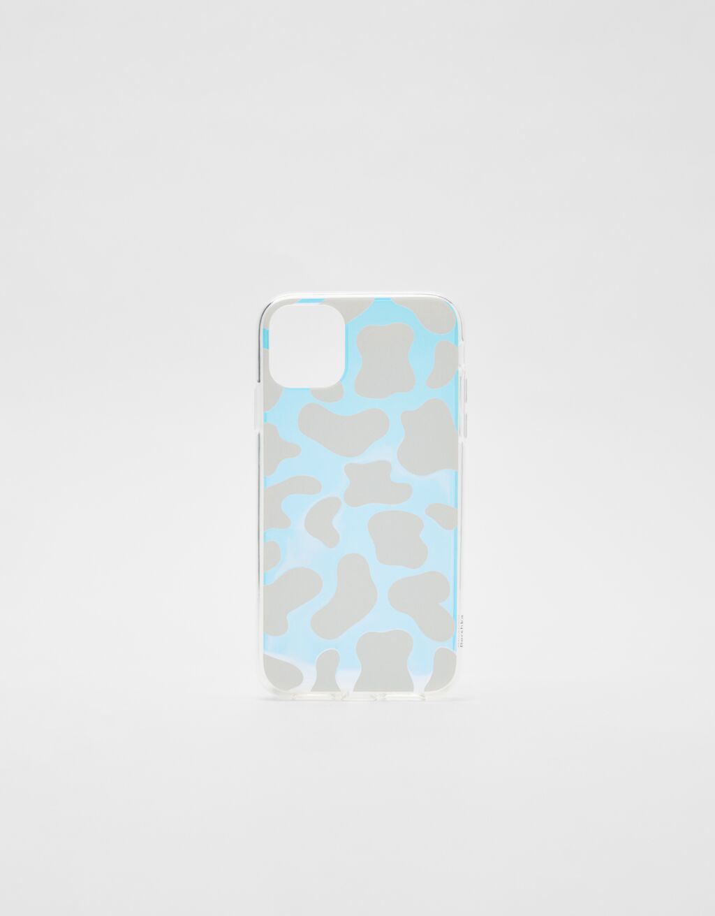 Mobile phone case with iridescent effect and cow print