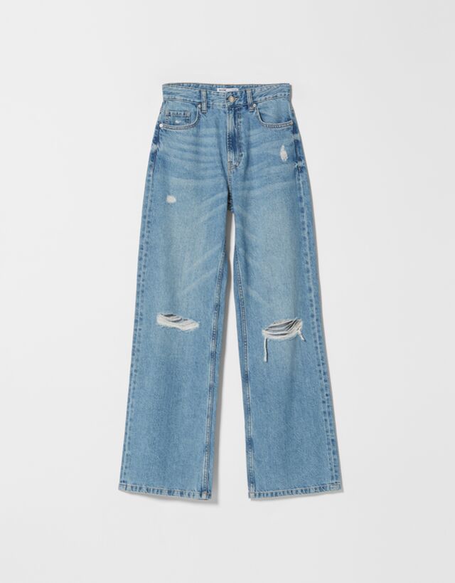 bershka 90's ripped flare jeans