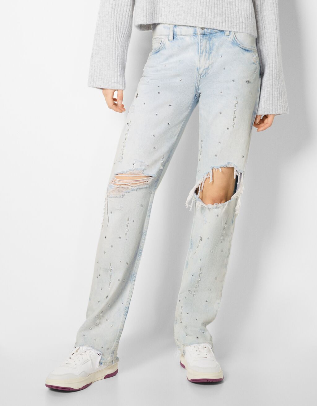 Straight fit jeans with rips and rhinestones Woman Bershka