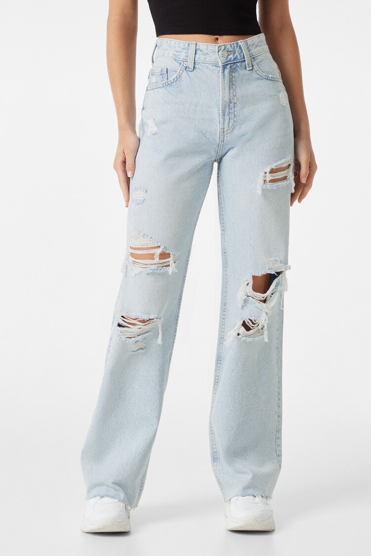 Hlače iz džinsa v stilu 90.let s širokimi hlačnicami in strganimi deli