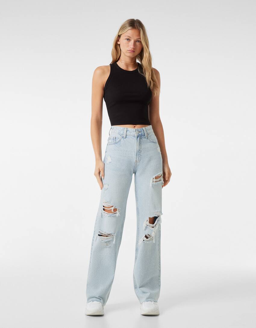 Ripped wide-leg ’90s jeans - Woman | Bershka