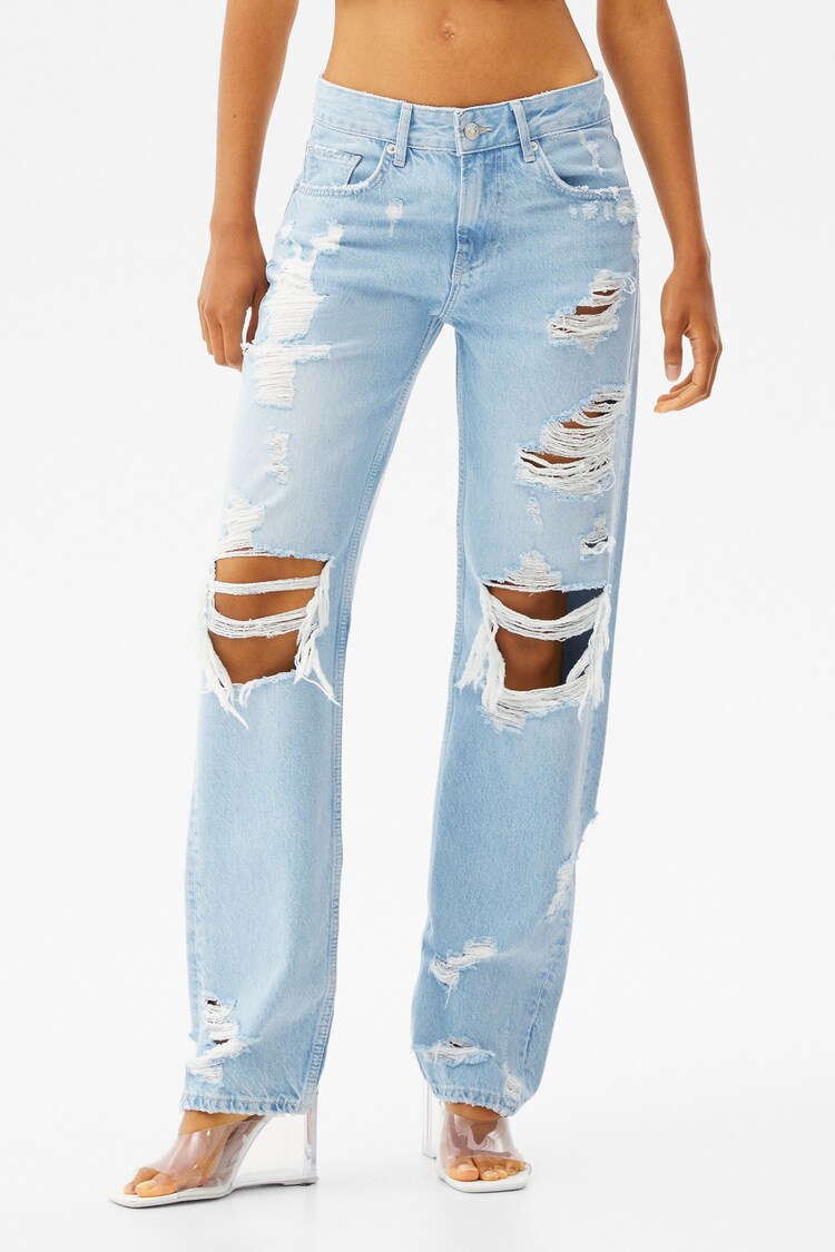 Straight fit vintage jeans hlače s strganimi deli