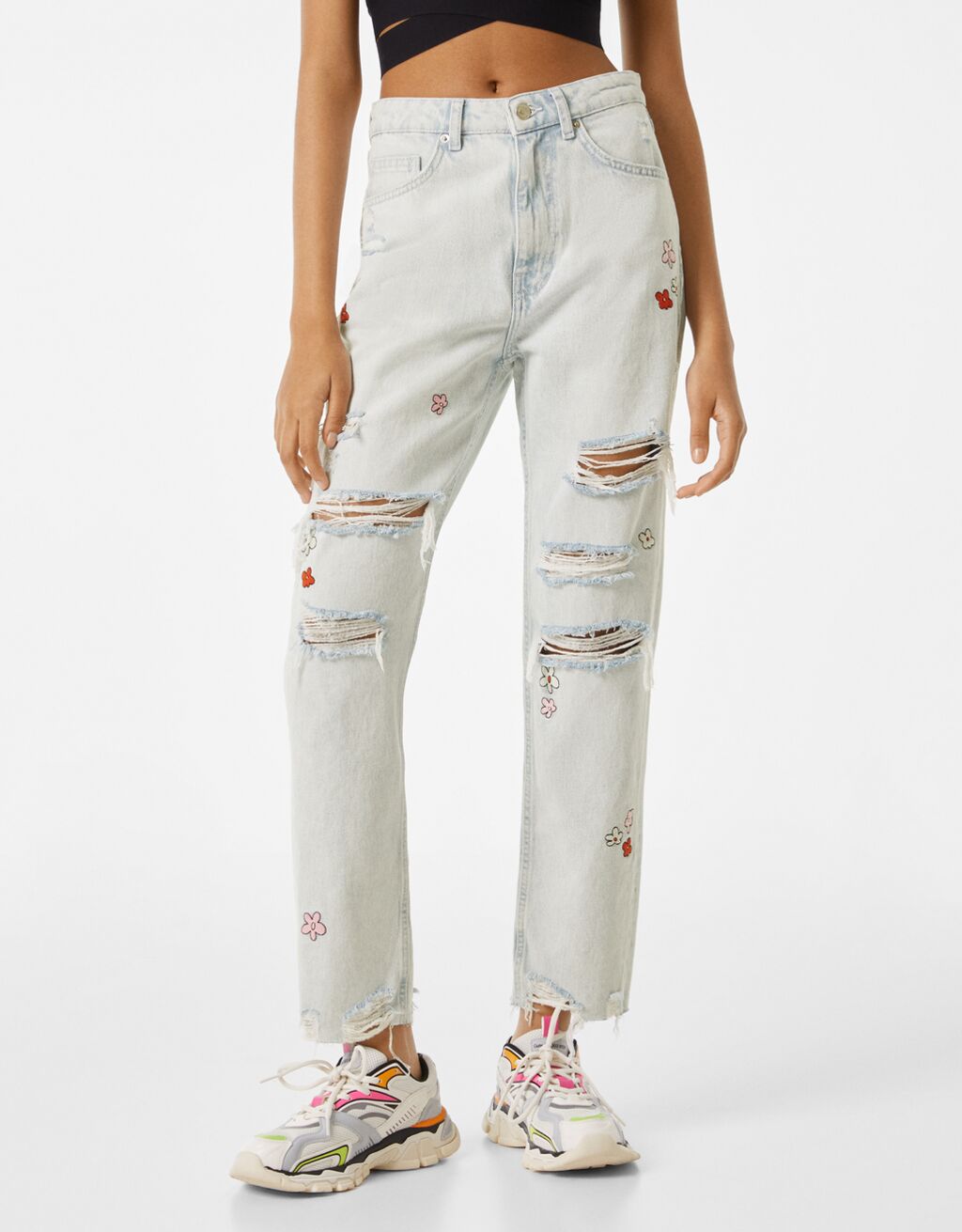 Floral embroidered ripped mom fit jeans