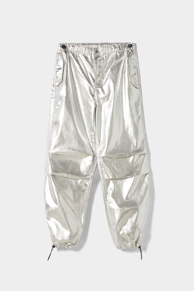 Straight fit parachute jeans with metallic detail