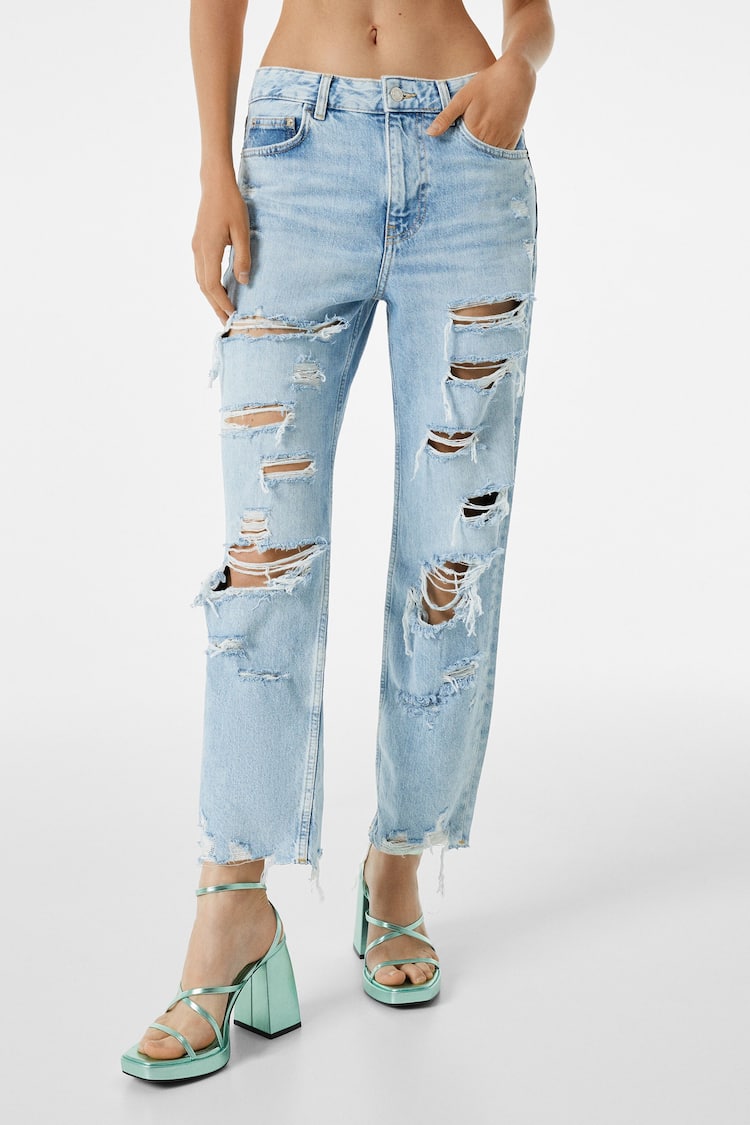 Jeans straight cropped rotos